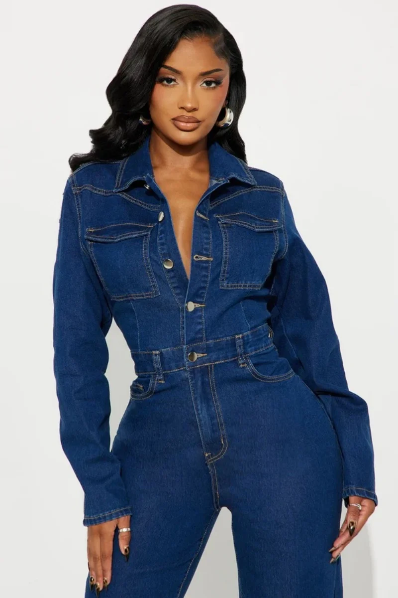 

Fashion Denim Jumpsuit Autumn Clothing Women 2026 Full Sleeve Button Up Straight Jeans Romper Playsuit One Piece Overalls Outfit