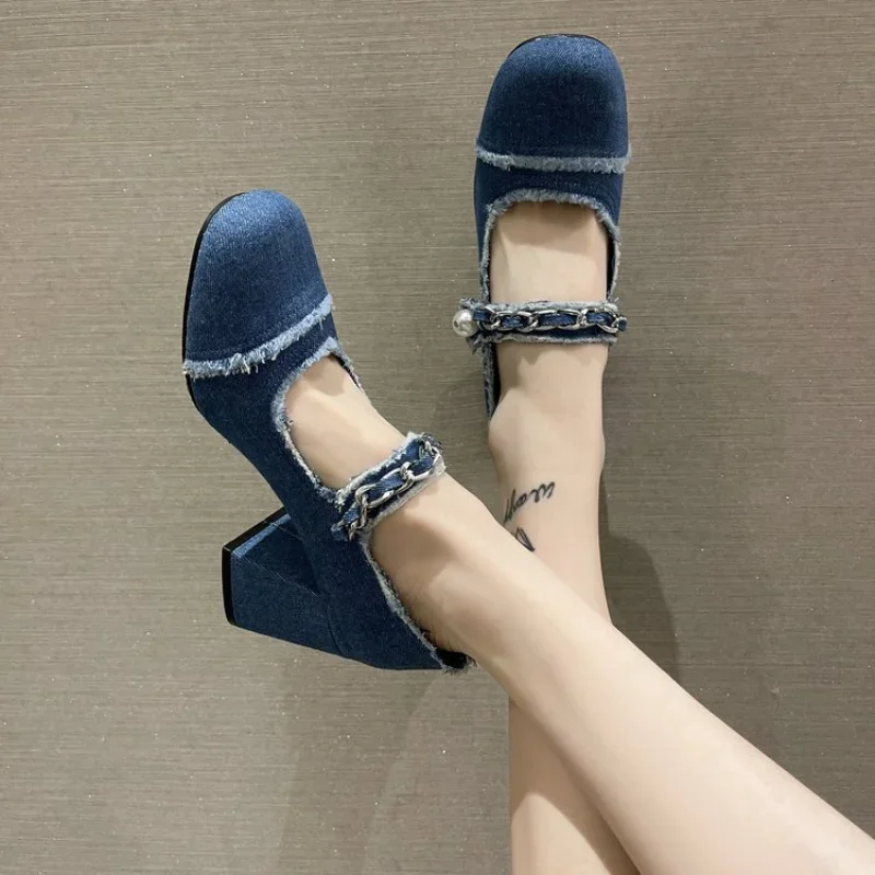 Round Toe High Heel Sandals Women Denim Cloth Pearl Metal Chain Decor Single Shoes Slingback Pumps Spring Retro Party blue Shoes