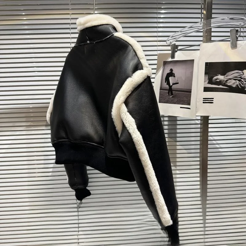 Thiened Plu Fur Collar Leather Jaet Unique Sle Winter New Arrival Women's Straight Cut Long Sve Zipper Coat