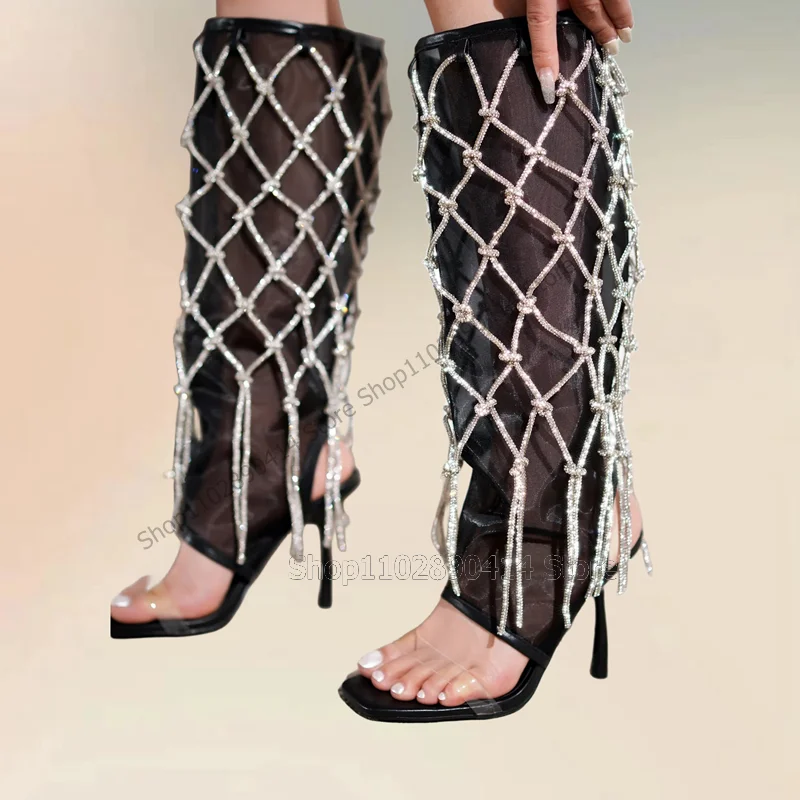 

Black Mesh Knitted Knot Hollow Cut Heel Sandals Boots Slip On Women Shoes Thin High Heels Open Toe Sexy 2023 Zapatos Para Mujere