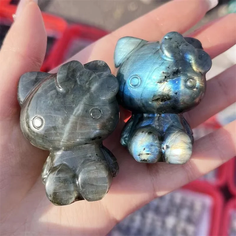 Natural Crystal Labradorite Quartz Sanrio Hello Kitty KT Cat Carving Polished Healing Figurine Home Decor Craft Gift