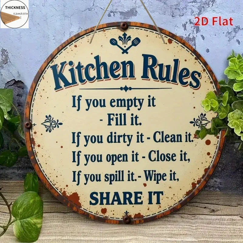 2D Flat, 2D Flat Vintage Style Kitchen Rules Wooden Sign, Round Wall Decor with Floral Design, Suitable for Home, Cafe, Garden,
