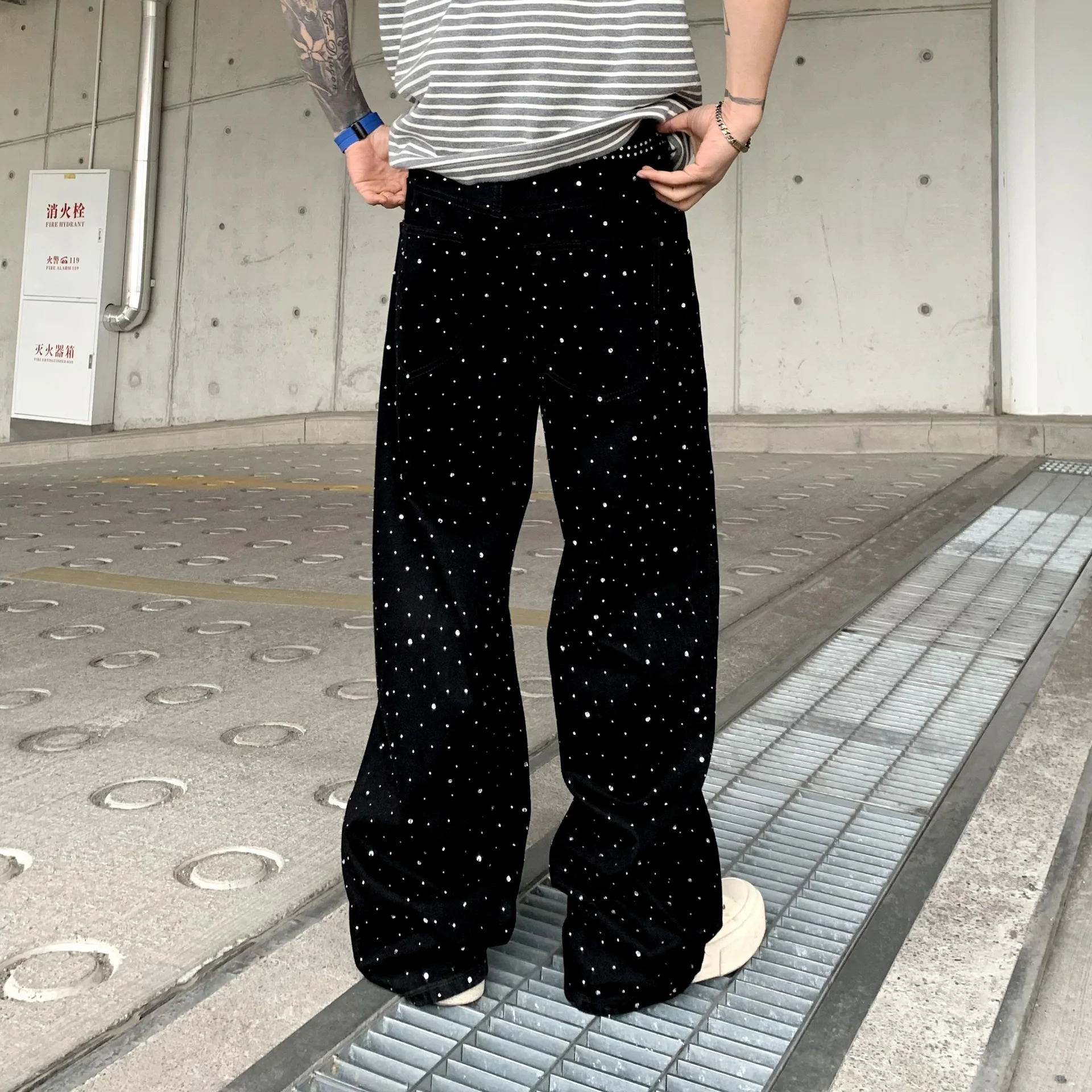 밝은 다이아몬드 넓은 다리 헐렁한 청바지 남성 streetwear 패션 힙합 느슨한 캐주얼 플러스 사이즈 특대 데님 청바지 바지 바지