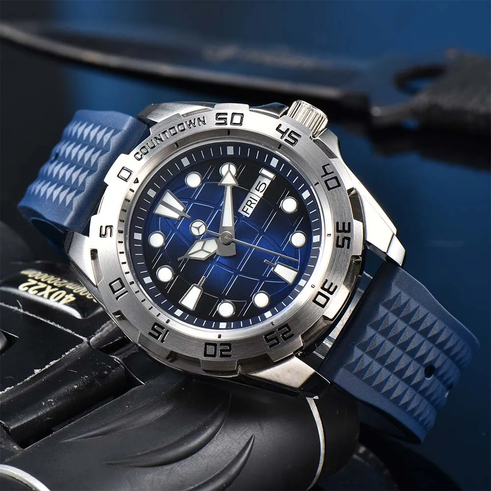 44mm NH36 Oversized Men's Fashion Watch, Sapphire Crystal Unidirectional Bezel Screw-down Crown Rubber Strap, Premium