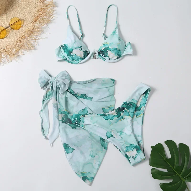 Green Print Push Up Swimsuits Women Push Up Bikinis Set 3 Piece 2024 Mujer Swimwear Mesh Skirts Kontted Bathing Suit Beachwear