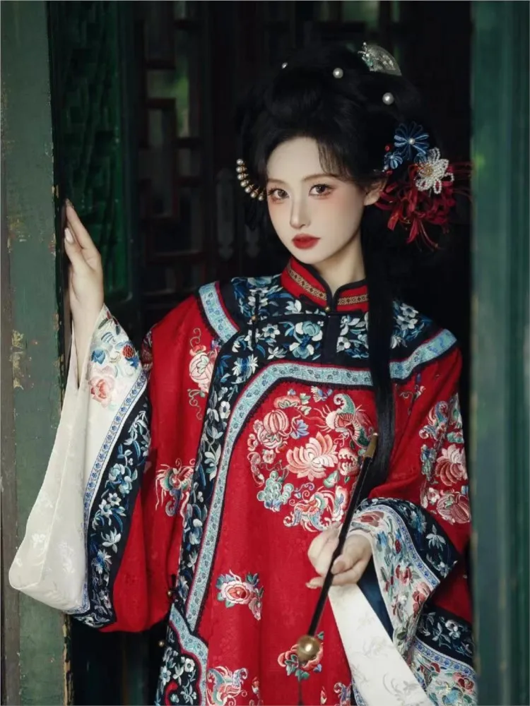 A female Hanfu with red cape and slanted front