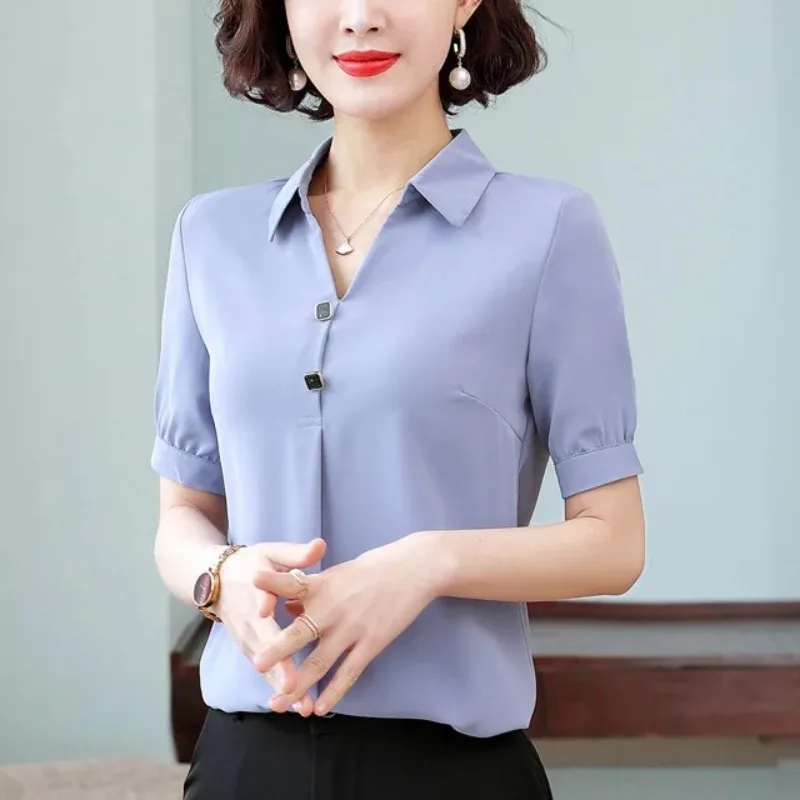 Women\'s Solid Color V-Neck Summer Pullover Button Turn-down Collar Short Sleeve T-shirt Loose Office Lady Flattering Tops