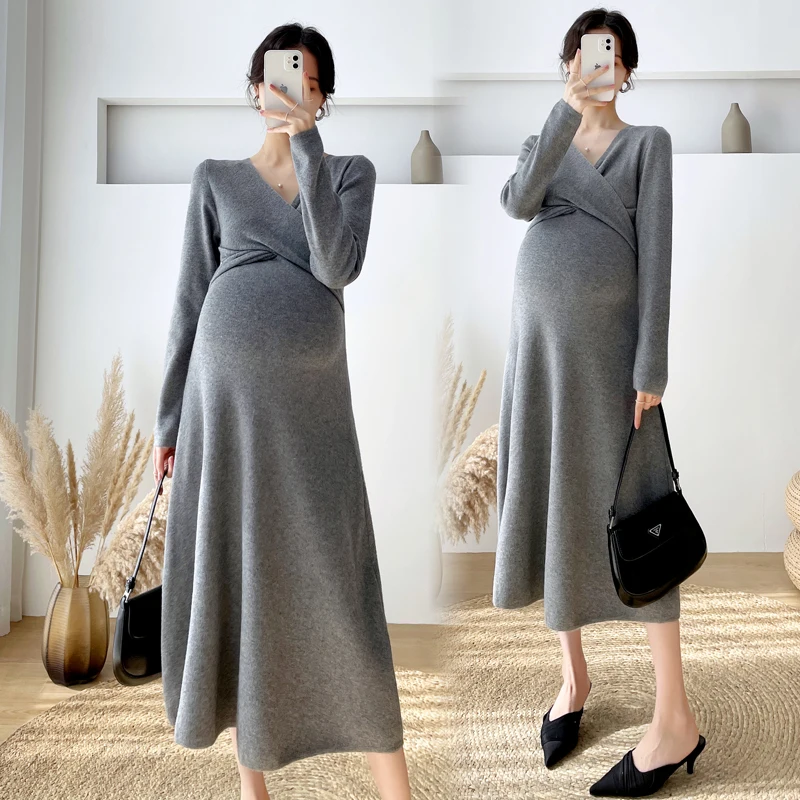 1885# Autumn Winter Fashion Knitted Maternity Long Dress Elegant Across V Neck A Line Slim Clothes for Pregnant Women Pregnancy