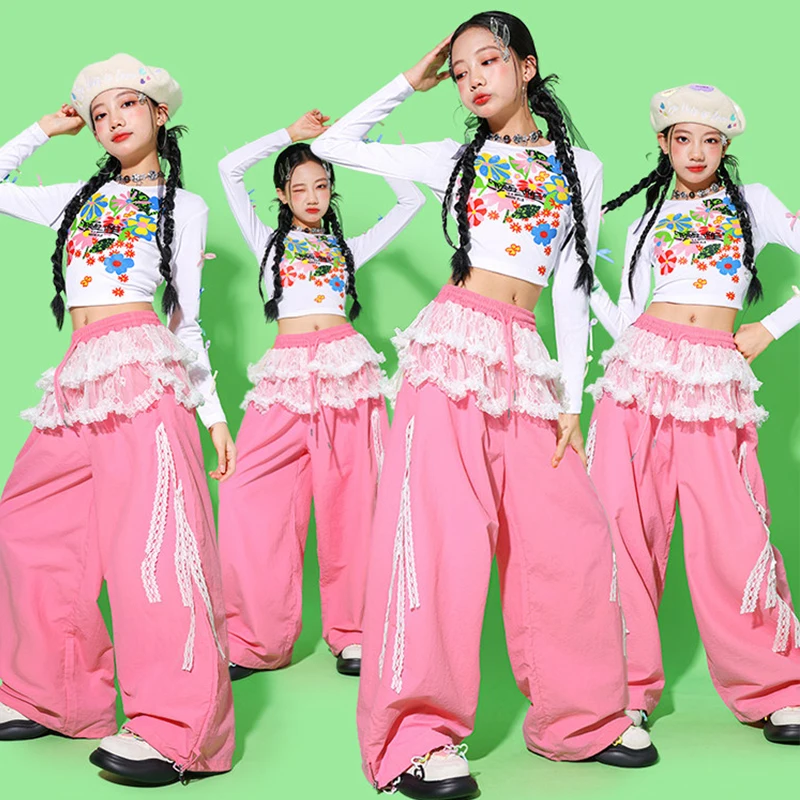

Одежда для джазовых танцев для девочек, модный сценический наряд Kpop, красочный укороченный топ, розовые брюки, детский костюм для уличных танцев AMY3179