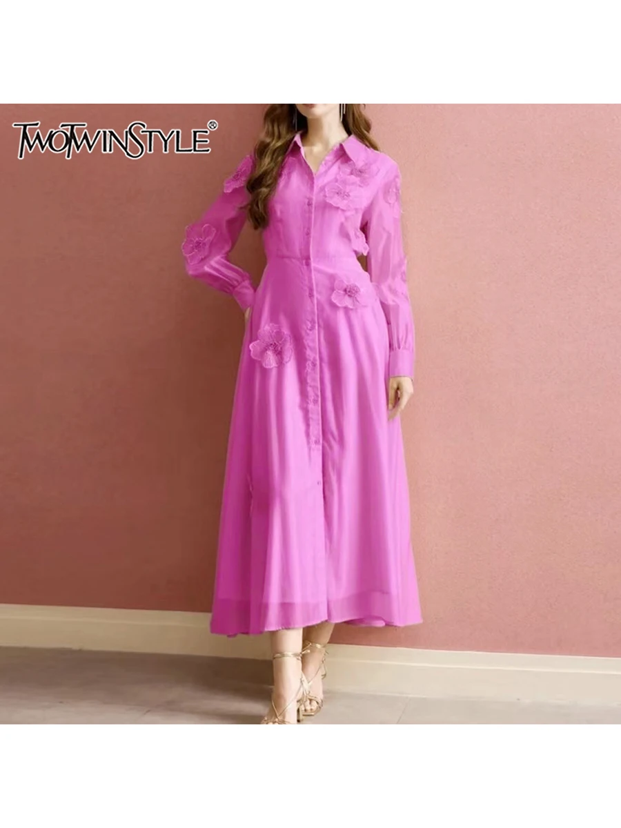 

TWOTWINSTYLE Solid Spliced Appliques Slimming Dresses For Women Lapel Long Sleeve High Waist Temperament Dress Female Fashion