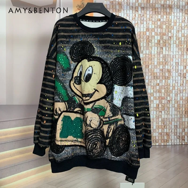 

Trendy Brand Autumn Winter Fleece Heavy Industry Striped Cartoon Loose Y2k Hoodies Fashion Round Neck Sweatshirt Top For Ladies