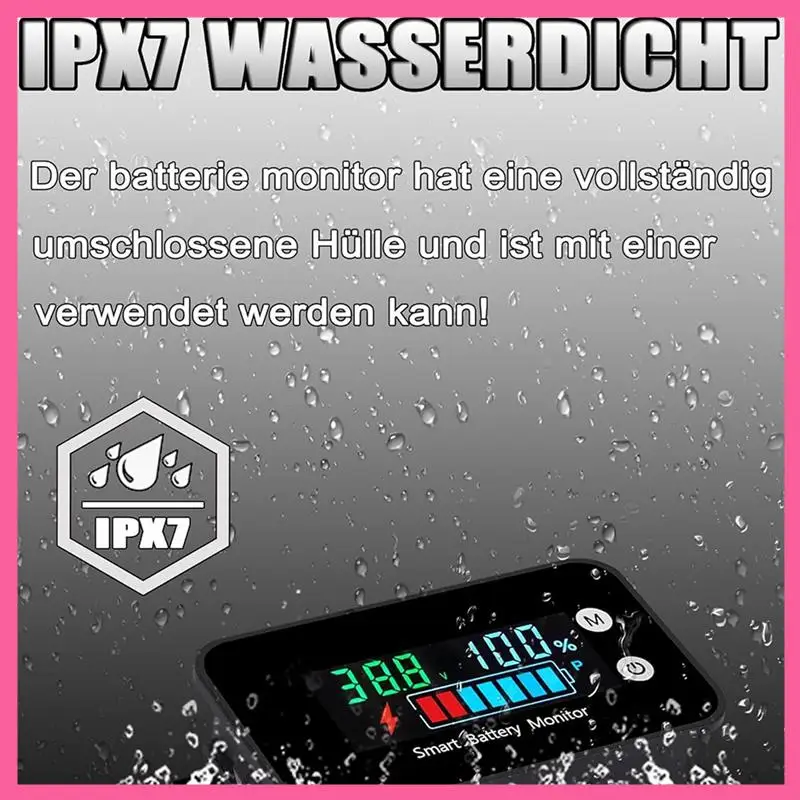 ABNM IPX7 Wasserdichter Batteriemonitor mit Halterung 7–100 V, Auto, Motorrad, Golfwagen, Batteriemessgerät, Summer, Alarm und Temperatur