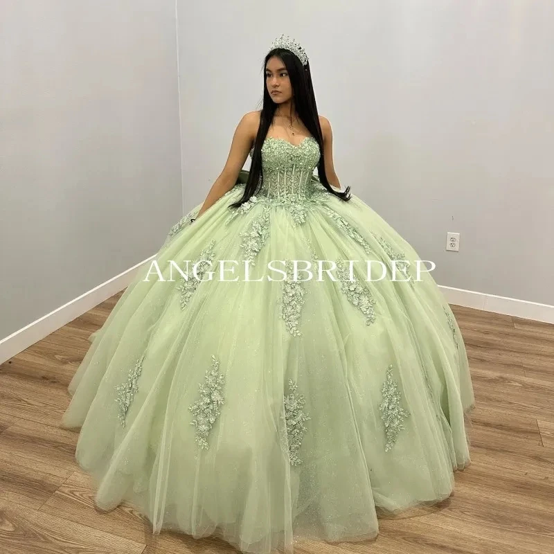 Angelsbridep-Vestidos de Quinceañera con lazo grande, vestido de baile sin mangas con apliques Para Quinceañera, vestido de fiesta de cumpleaños 2024