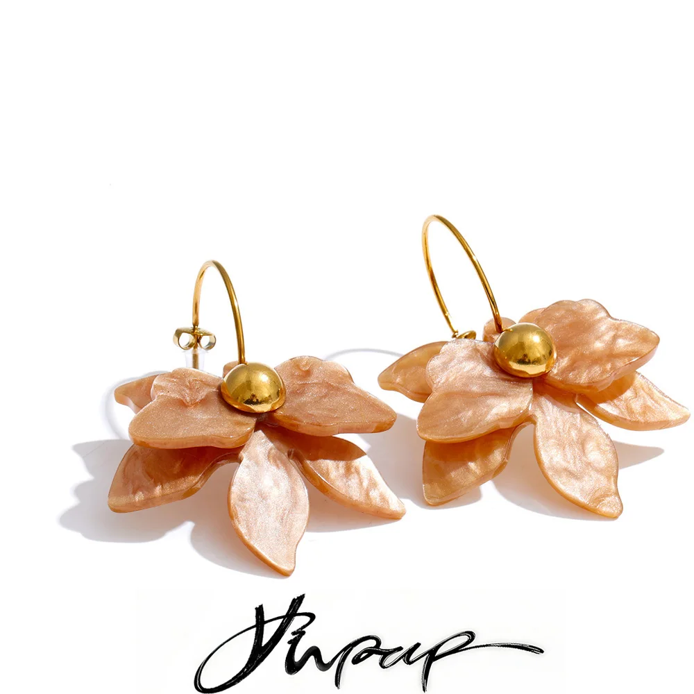 Yhoup 2026 Spring Y2K Mutil-color Acrylic Flower Petal Drop Earrings Stainless Steel Golden Young Charming Jewelry Waterproof