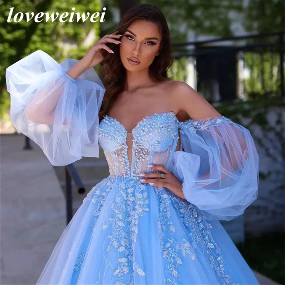 Charming Sky Blue Shiny Appliques Beaded Prom Dress Detachable Puff Sleeves Tulle Ball Gowns Corset Princess Evening Gown Dress