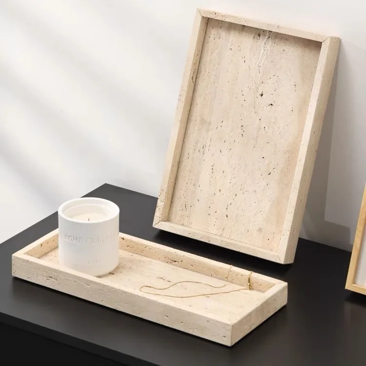 

Travertine Stone Bathroom Vanity Tray for Cosmetic Perfume Natural Marble Kitchen Sink Tray for Soap Dispenser Sponge Holder