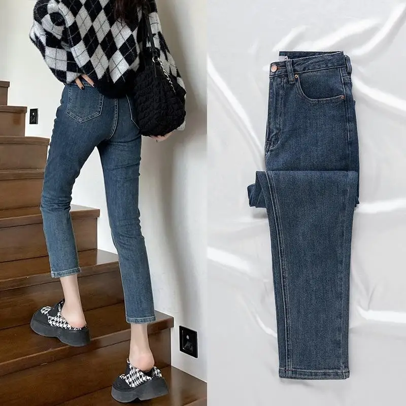 

Джинсы с высокой талией, облегающие прямые брюки, женские джинсовые брюки, высокая эластичность, девять очков, свободный вариант, все осень-зима, новый Sle