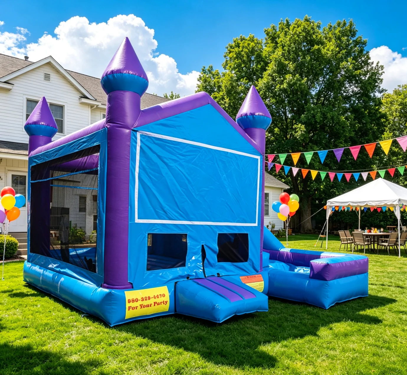 Customizable Inflatable Jumper Bounce House With Side Slide, Backyard Kids Bouncy Castle for Birthday Party