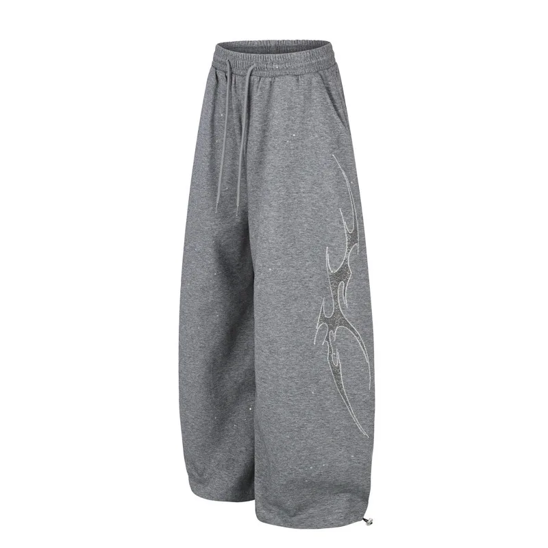 ANJY Spring Autumn New Women Fashion Diamonds Decoration Trendy Solid Color Wide Leg Casual Pants Loose Design Sweatpants A24112