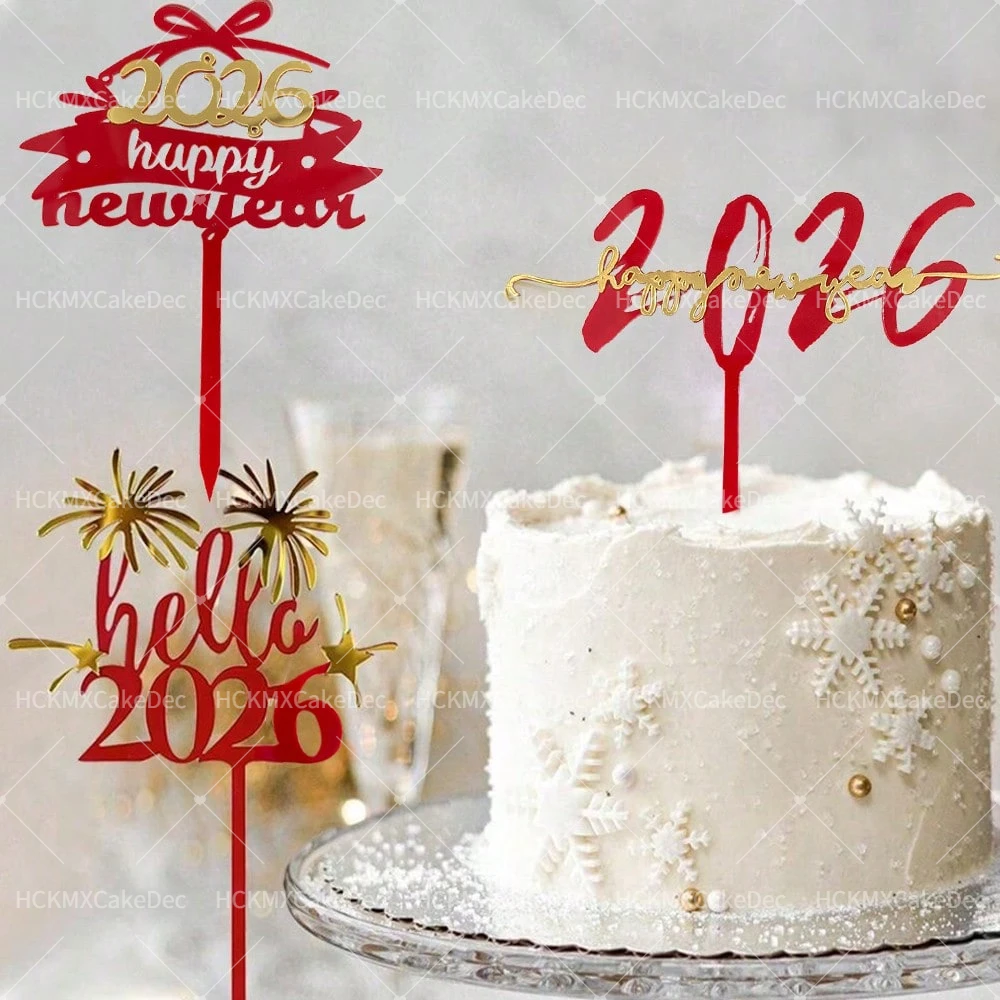 3 قطع من الأكريليك الأحمر الذهبي 2026 لعيد الميلاد المجيد لتزيين كعكة حفلات رأس السنة الجديدة