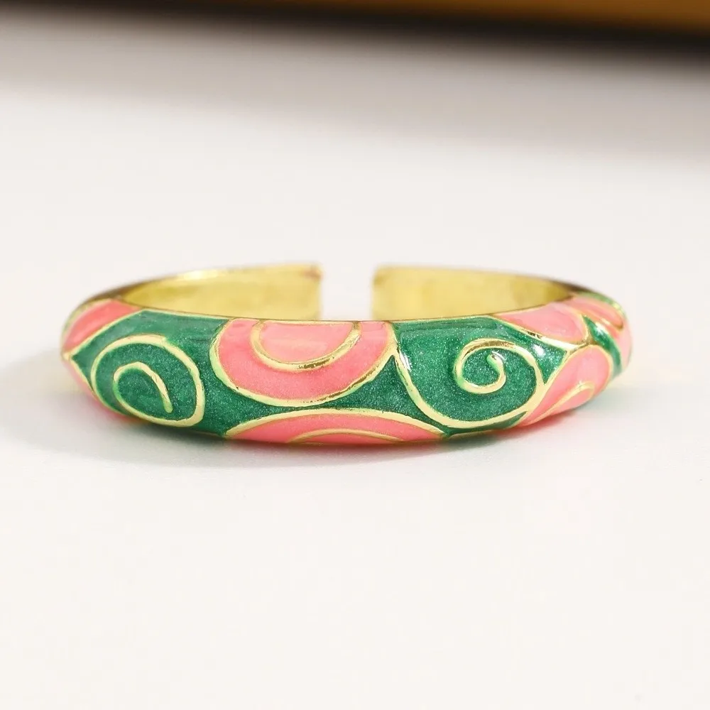 Elegant Chinese Style Drip Oil Ring Vintage Ethnic Enamel Statement Ring Adjustable Colorful Floral Pattern Ring Party