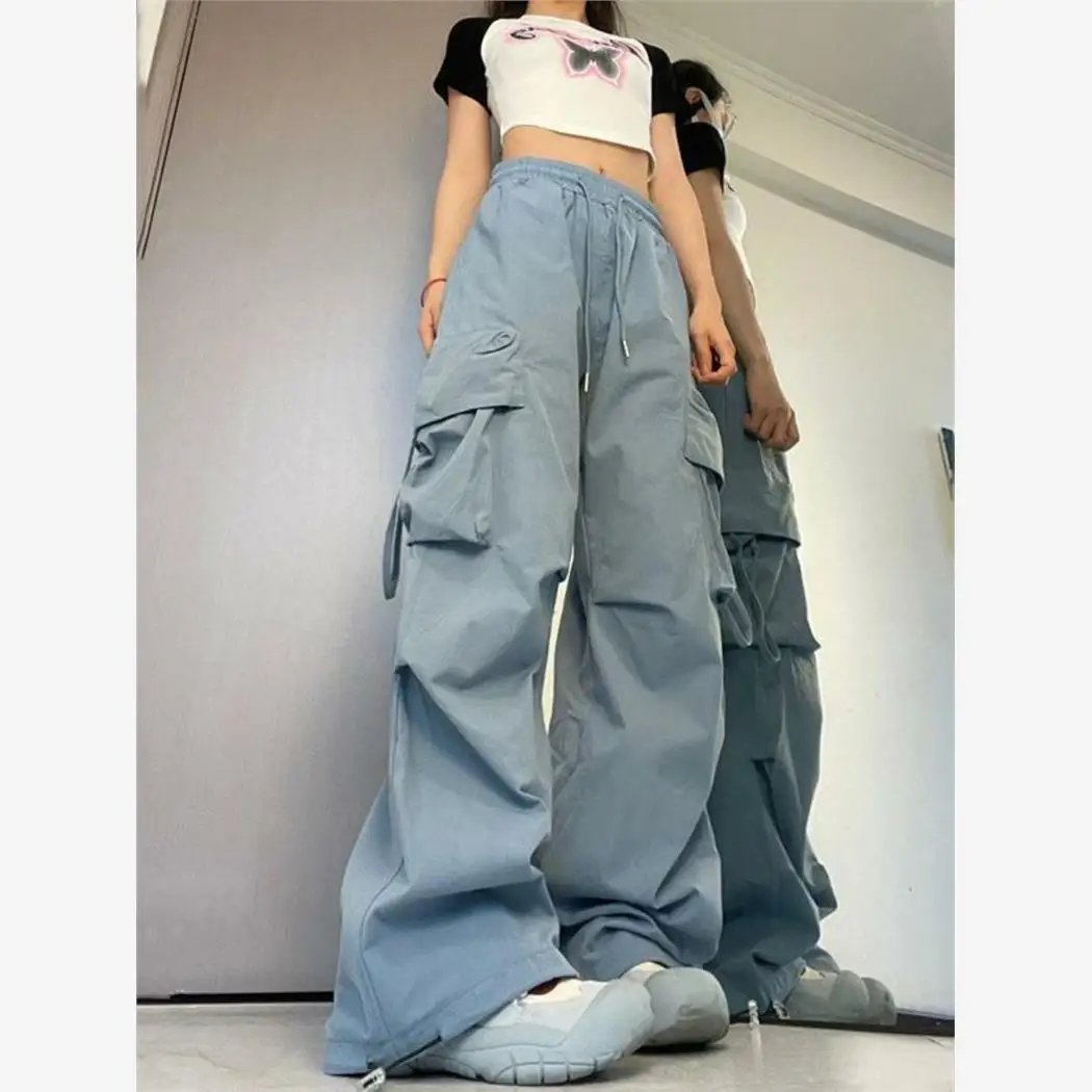 여성 캐주얼 하이 웨이스트 와이드 레그 팬츠 편안한 긴 바지 패셔너블한 케트 디테일 폴리에스테르 혼방 여름 2023