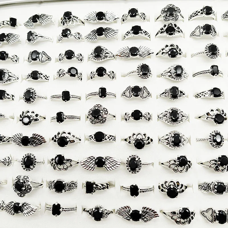 خواتم أكريليك سوداء مشتركة للنساء والفتيات ، طبق فضي عتيق ، مجوهرات أصابع ، حفلات ، مقاس مختلط ، أزياء ، بيع بالجملة ، جديد ، 20: الكثير #2