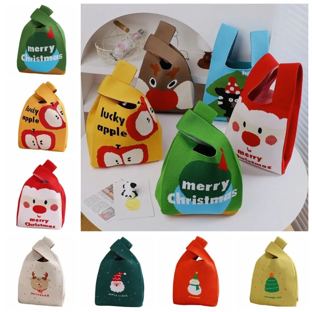 Cute Christmas Gift Christmas Knitted Handbag Cartoon Xmas Tree Tote Bag Santa Claus Purse Wool Bucket Bag Student