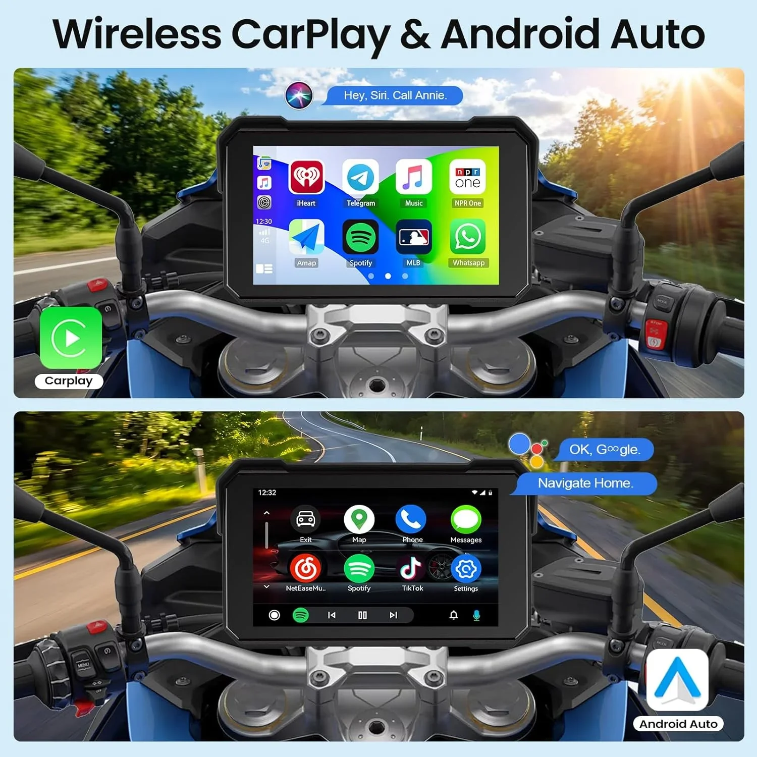 Portable 5 inch Motorcycle GPS Navigation Touch Screen Moto Dashboard Monitor Wireless CarPlay Android Auto IPX7 Waterproof