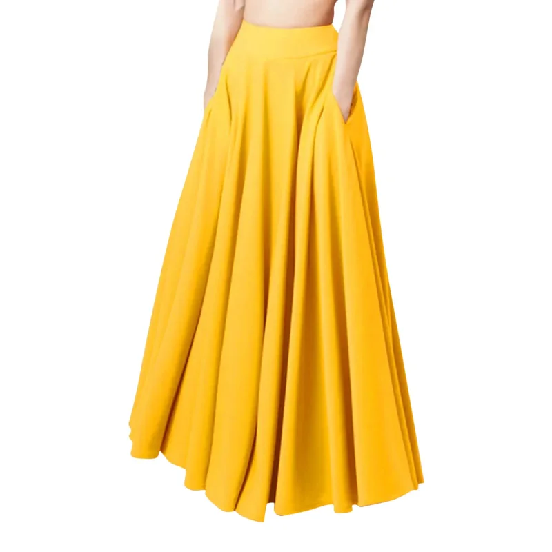 

Yellow Pleated Long Skirts Women High Waist Large Swing Maxi Skirt with Pockets Korean Style Elastic Waist A Line Skirt Faldas