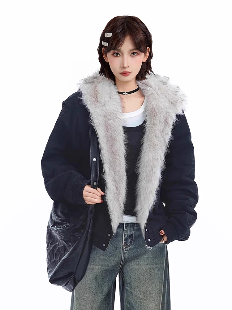 Vintage Zipper Hooded Cotton Jacket Autumn Winter Korean Style Loose Jacket Fashionable Faux Fur Collar Cotton Coat