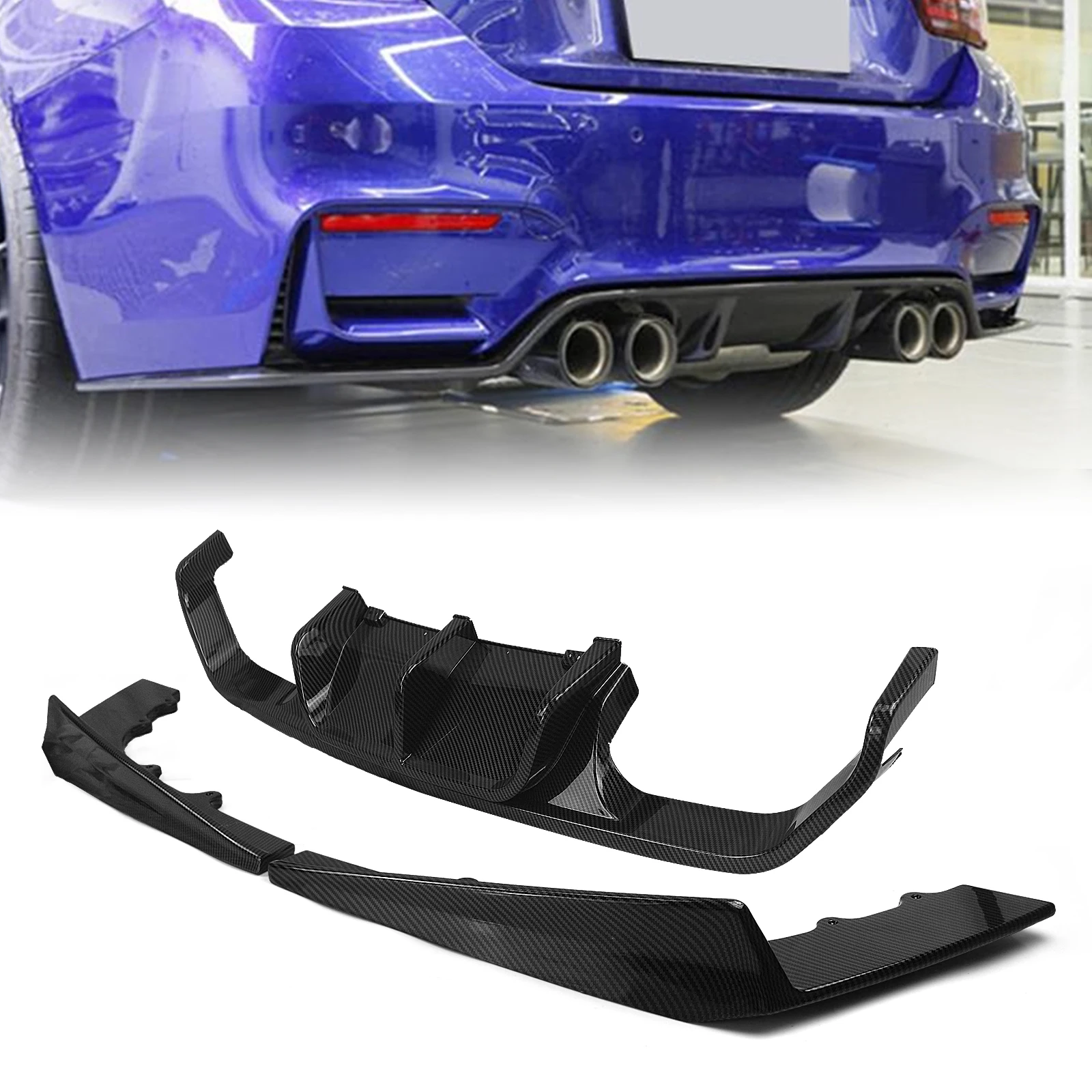 

For BMW F80 M3 F82 F83 M4 2015-2020 Carbon Fiber Look/Gloss Black Rear Bumper Diffuser Lip+Lower Side Spoiler Splitter Cover Kit