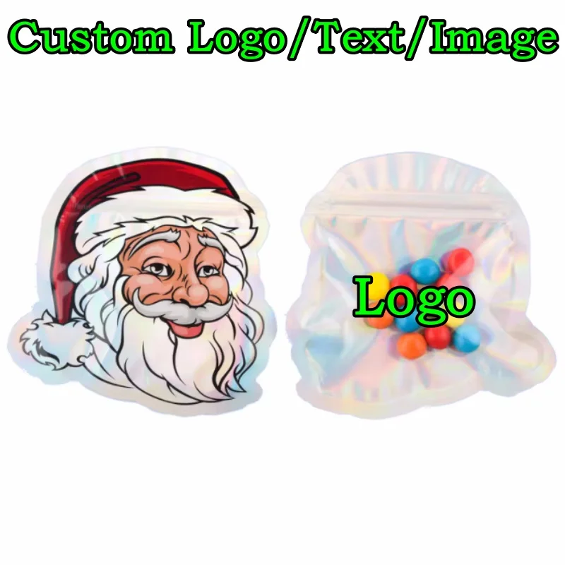 300PCS Flat Glossy Clear Laser Christmas Window Ziplock Bag DIY Logo Matcha Cocoa Snack Coffee Candy Storage Packaging Pouches