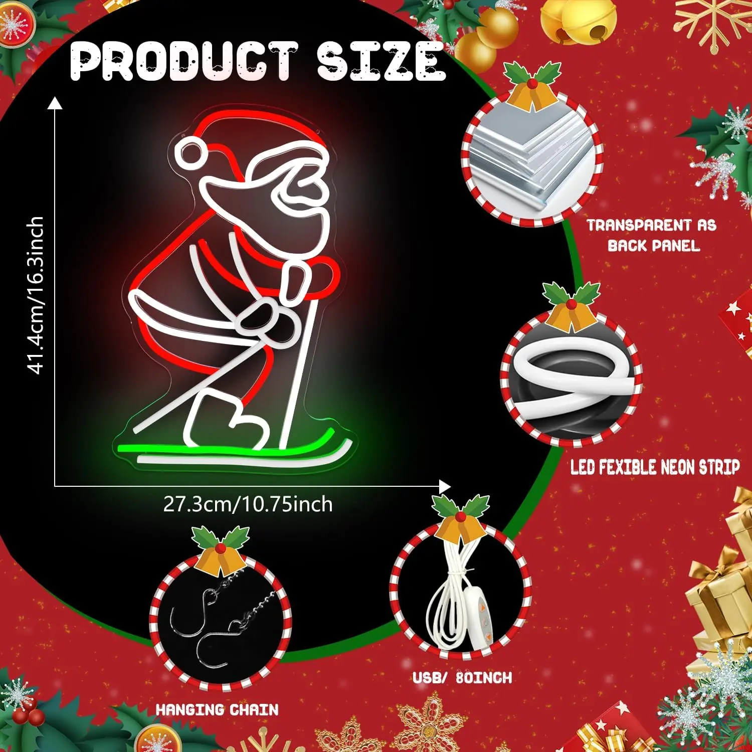 عيد الميلاد النيون تسجيل USB عكس الضوء LED سانتا التزلج ضوء النيون لزينة عيد الميلاد نافذة غرفة نوم ديكور المنزل الطرف هدية