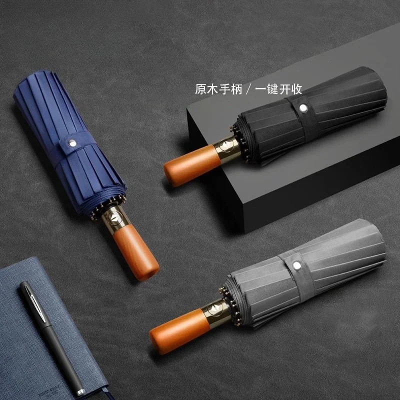 16-bone Three-fold Solid Wood Handle Automatic Umbrella, Large Sun-protective Black Rubber Sunshade Advertising Umbrella Gifts