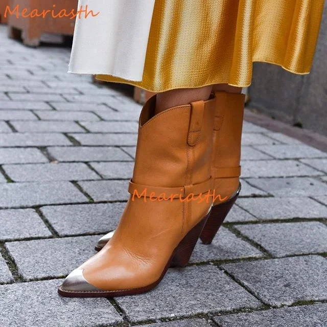 

2022 Genuine Leather Runway Mid-calf Boots Women Metal Pointed toe Slip on Spike High heels Punk Wedge Cowboy Boots for Women