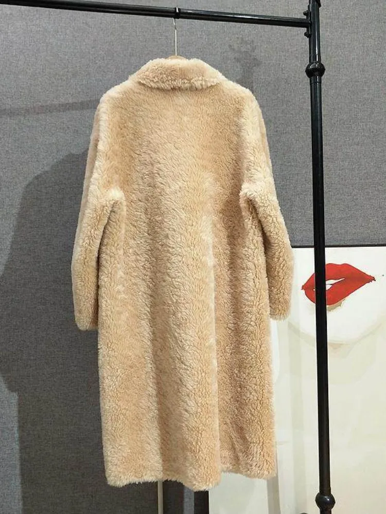 Cappotto da donna Moda 100% lana Giacca lunga Doppio petto Vestibilità ampia Casual Office Lady Inverno Caldo risvolto Tosatura delle pecore Soprabito