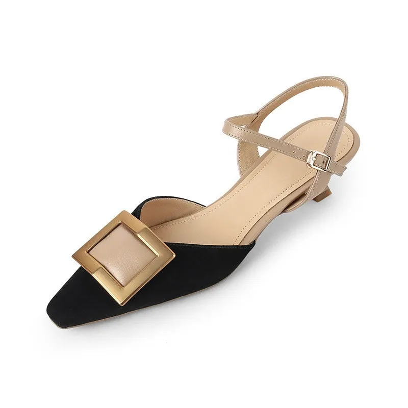 French Retro Metal Square Buckle Color Matching  Xia Fangtou Thin Middle Heel Stitching Baotou Empty Sandals Female Wholesale