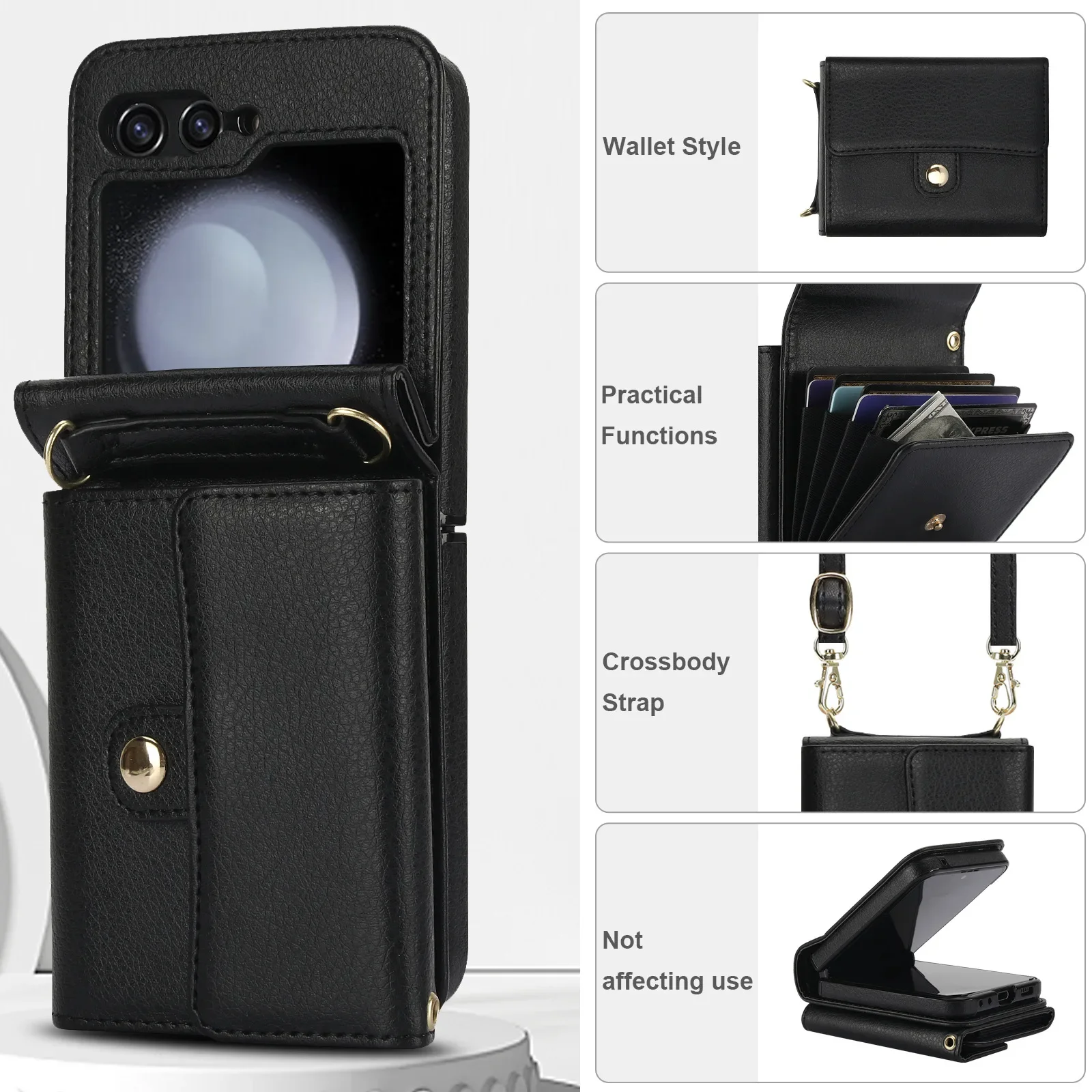 

Flip7 Кнопочный держатель для карт Кошелек Складной чехол для телефона Samsung Galaxy Z Flip 7 6 5 4 3 Ремешок и ремешок через плечо Чехол из искусственной кожи