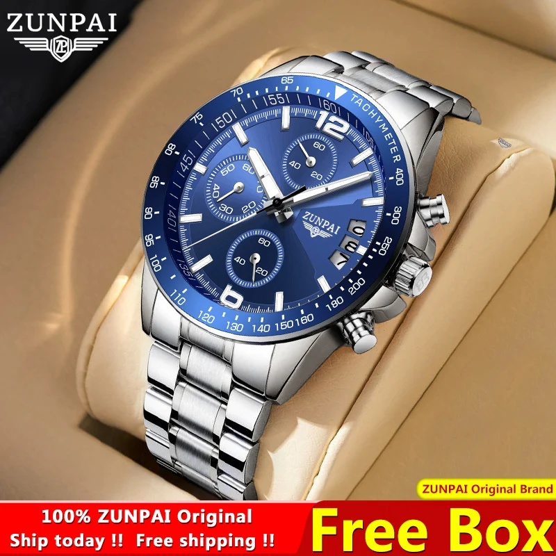 ZUNPAI Original Watch for Men Waterproof Stainless Steel Metal Strap Multifunction Chronograph Fashion QuartzAnalog Wristwatch