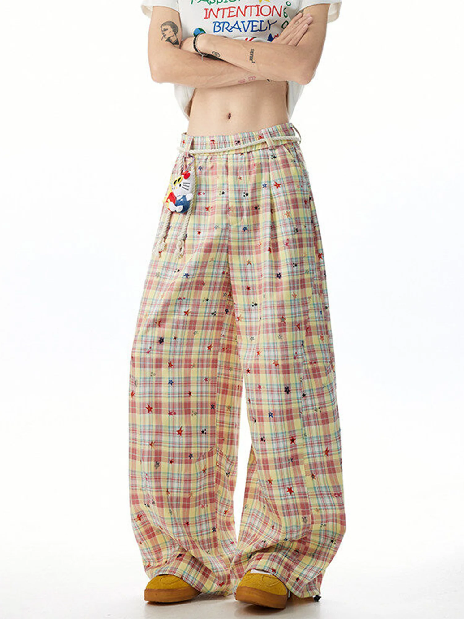 

American Retro Loose Men's Star Plaid Bent Knife Pants Summer Lazy Sle Wide Leg Casual Trousers Breathable Thin Model