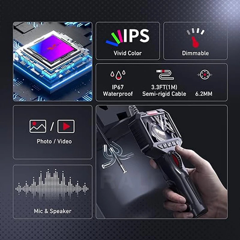 Ralcam Two-Way Articulating Borescope with Light 6.2mm Articulated Snake Camera 2MP Endoscope Inspection Camera 3.3FT Semi-rigid