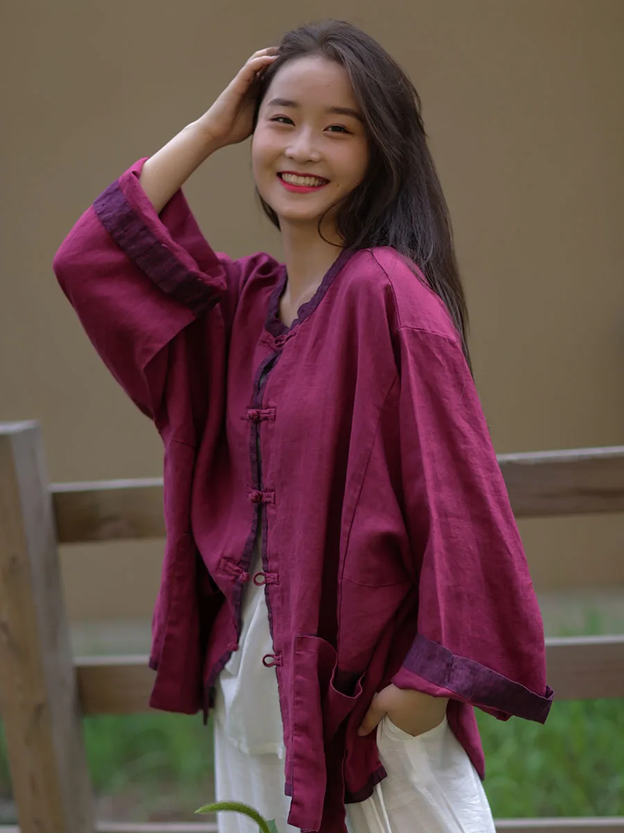 하이 엔드 리넨 대비 짧은 코트 여성 봄 여름 중국어 오픈 패치 워크 빈티지 대형 개구리 단추 긴 소매 탑