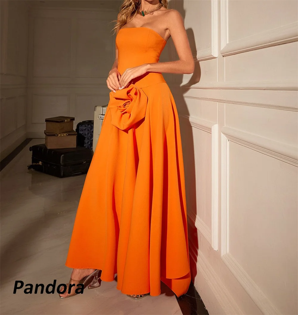 Pandora Orange Strapless Evening Gown 3D Flowers A-line Women's wedding Banquet Party Dress