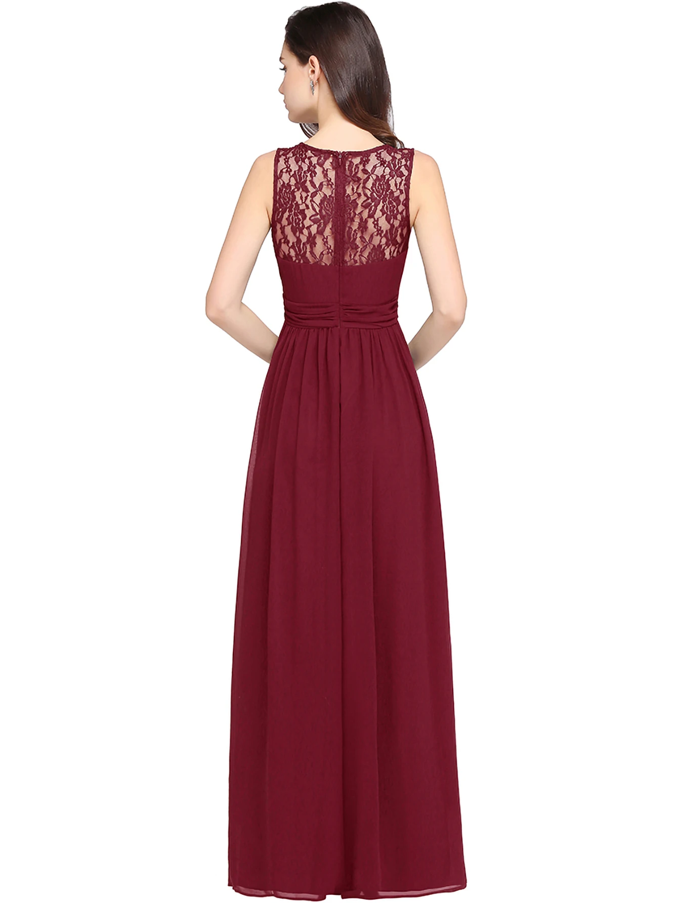 Burgundy Lace See-through Back Evening Dresses Sleeveless Floral O-Neck  Elegant Prom Gown Chiffon A-Line Floor-Length Dress