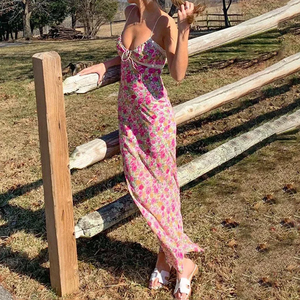 Abiti Primavera Estate Elegante Casual Ditsy Pizzo floreale Senza maniche Scollo a cuore Midi Cami Abiti quotidiani per le donne