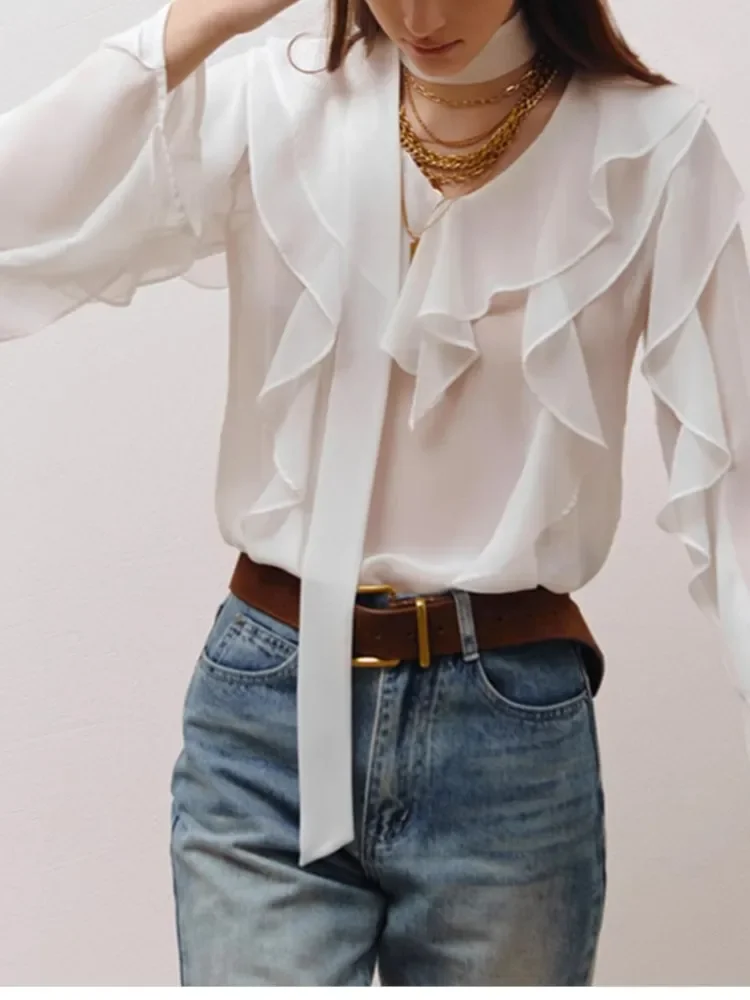 Chiffon Ruffle Top Autumn Loose Outerwear Commuting V-neck Shirt Women's Solid Color Elegant Versatile Long-sleeved Shirt Top