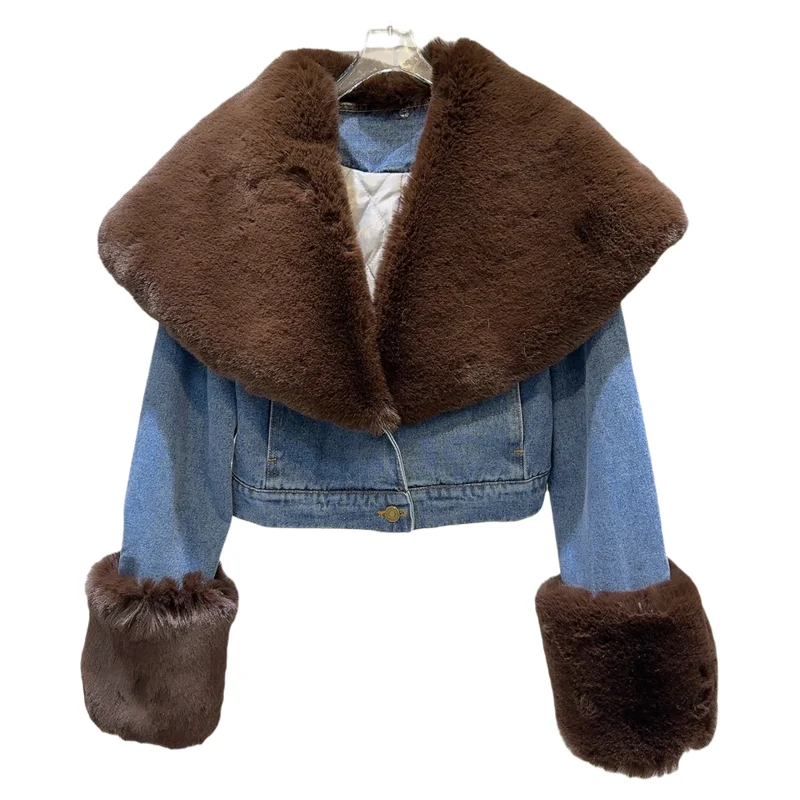 

Джинсовая куртка Cool Street Sle ort с хлопковым темно-синим воротником и большой меховой отделкой, зимнее новое поступление, женская длинная одежда...