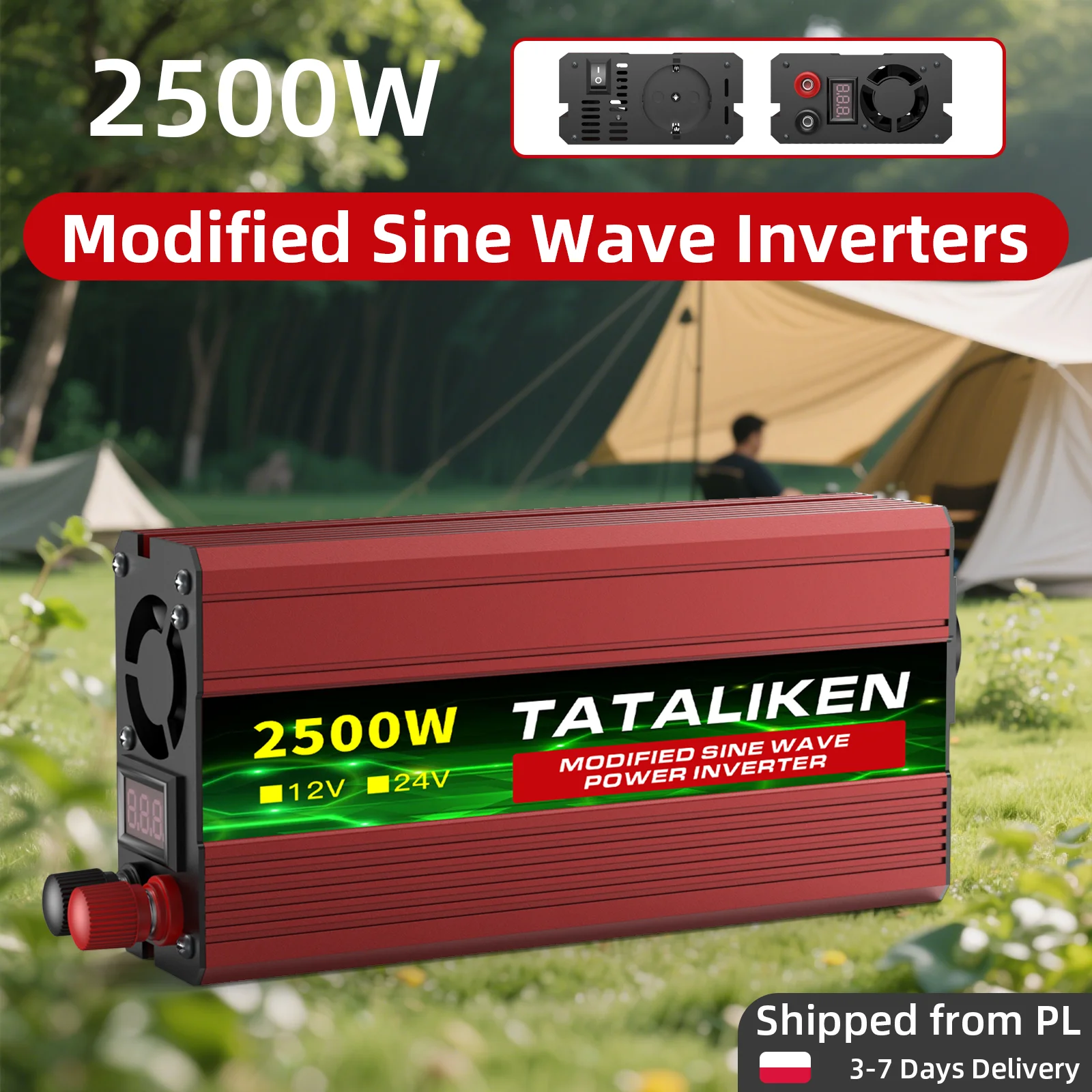 2500W Wechselrichter 24V auf 220V Tragbarer Digitaler Spannungsmesser Temperaturregelung Lüfter für Wohnmobile