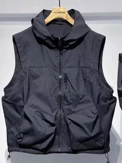 

Fall Casual Hooded Men's Workwear Vest Sli American Retro ular Faionable Jaet Youth Summer Zipper Closure Color